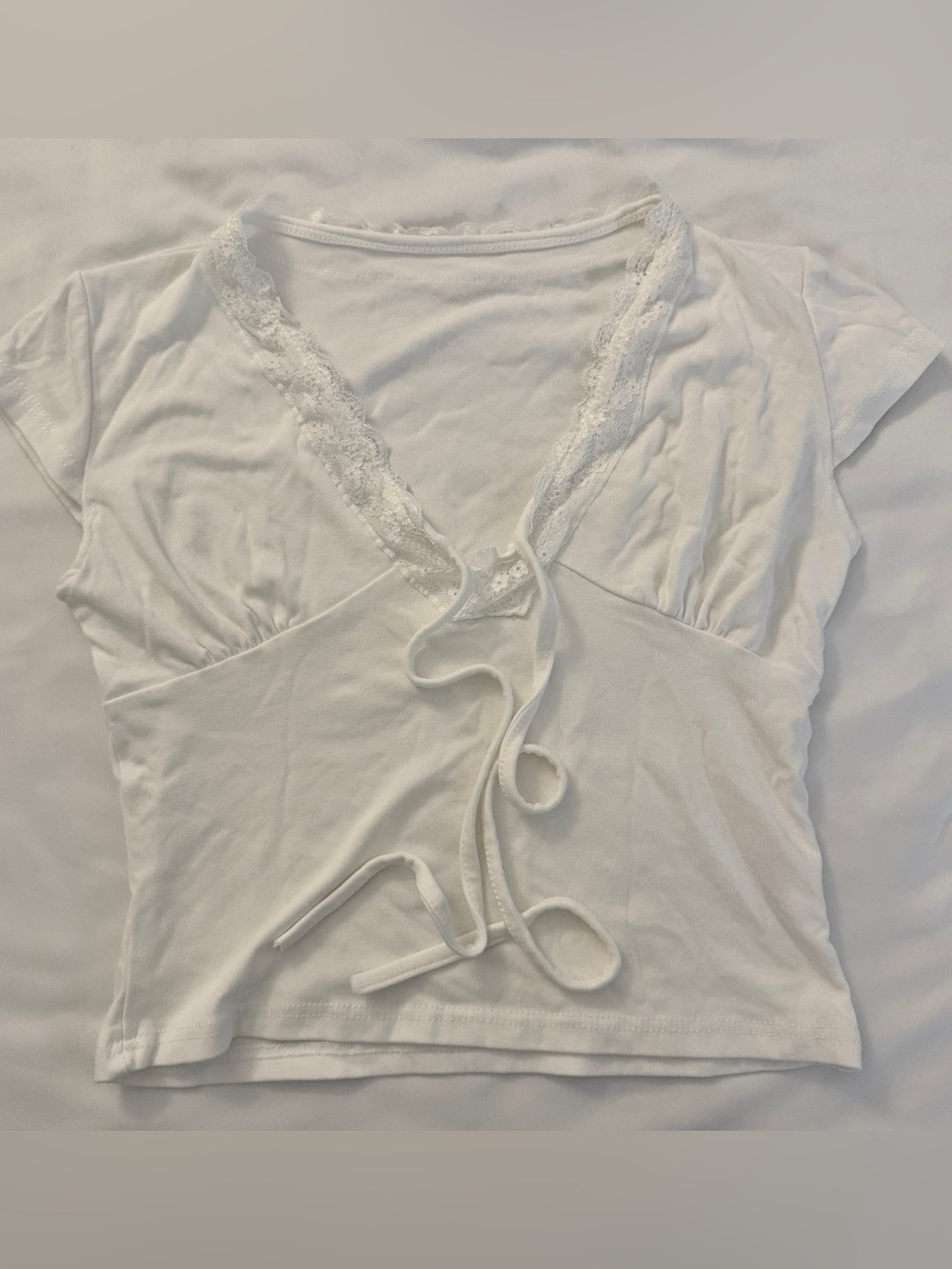 White Lace-Trim V-Neck Tie-Front Crop Top